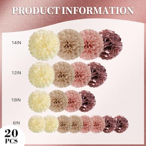 Image of 20 PCS Tissue Paper Pom Poms, Tissue Pom Poms Flowers, Sizes of 6 inch, 10 inch, 12 inch, 14 inch Hanging Paper Flower Ball for Wedding, Birthday, Baby Shower Party Decor (Ivory Brown Rose Gold Pink)