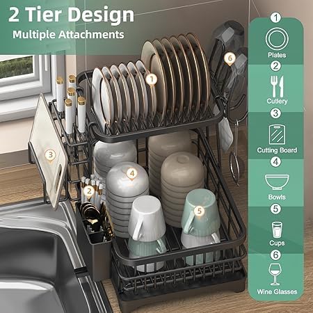 Image of Dish Drying Rack,2-Tier Extendabl Dish Drainer Rack with Drip Tray for Kitchen Counter,Metal Dish Drainer with Cutlery Holder,Drainboard,Cup,Chopping Board Holder,Space-Saving Dish Organizer