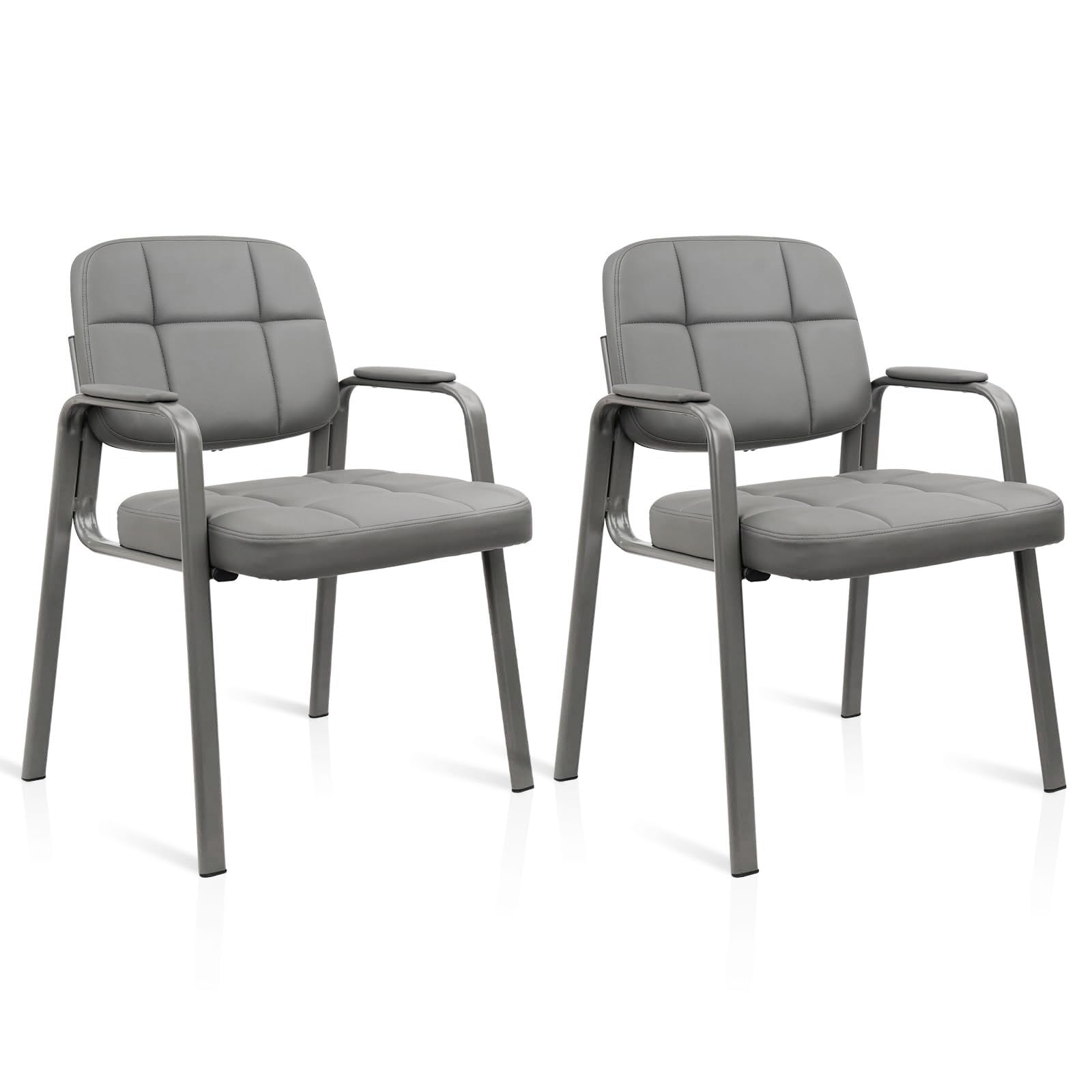 CLATINA Guest Waiting Reception Chair with Bonded Leather Thick Cushion and Padded Arm Rest Stationary Desk Chairs for Office Conference Meeting Lobby Hall Side Break Room, Grey, 2 Pack