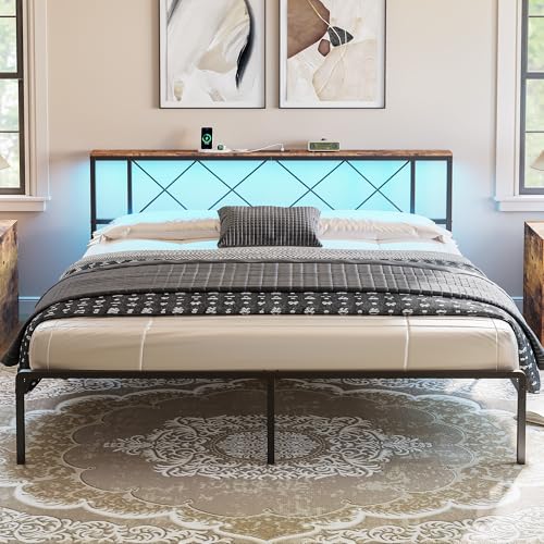 Super King Beds IRONCK Super King Bed Frame, Headboard with Charging Station/LED Lights, 6ft Metal Bed Frame with Storage, Solid and Stable, Noise Free, No Box Spring Required, Easy Assembly