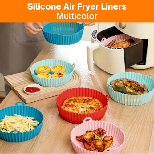Image of Solitude Air Fryer Liner I Round Silicone Basket Baking Tray I Pot with Ear Handles I Nonstick Reusable Heat Resistant I Cooking Oven Insert Accessories - Multicolor (8 Inch, 1 Piece)