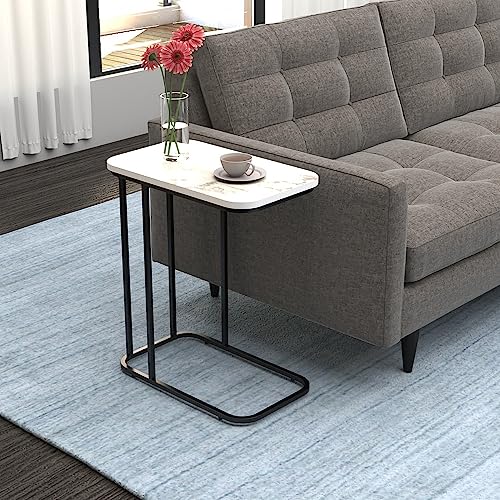 Image of DECOWORLD|| Premium Side Table || Metal Side Table with Wooden Top || End Table for Living Room, Sofa C Type Table or Bed Side Stand (White Marble Top Finish on Engineered Wood with Black Stand)