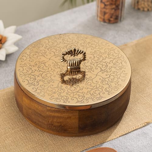 Image of Wooden Casserole with Traditional Handle | Floral Engraved Hot Case Chapati Box for Fresh & Warm Roti | Multipurpose Roti Box, Snack & Dry Fruit Storage | Luxury Kitchen Decor