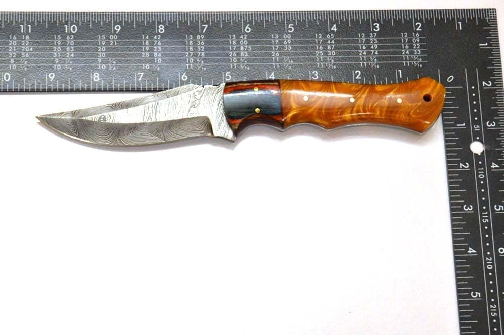 HMK 9.2 INCHES FORGED DAMASCUS STEEL FULL TANG CAMPING TOOL HUNTING KNIFE WITH BROWN ACRYLIC SHEATH WITH MULTICOLOR PAKKA WOOD HANDLE