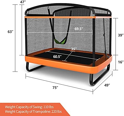 Giantex 6 Ft Kids Trampoline with Swing, Max Load 220lbs, Indoor Small Trampoline for 2 Kids, with Safety Enclosure Net, Built-in Zipper, ASTM Approved Toddler Rectangle Trampoline for 3-8 Year Old 6 51AVv79hjUS. AC