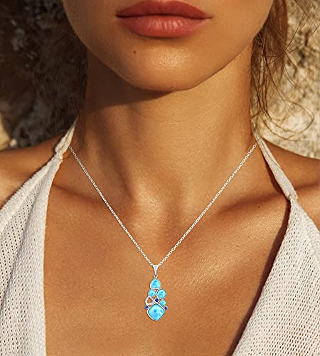 Beaux Bijoux Multi-Shaped Caribbean Natural Larimar Gemstone and Blue Cubic Zirconia Sterling Silver Pendant 18’’ Necklace Jewelry for Women or Teens2
