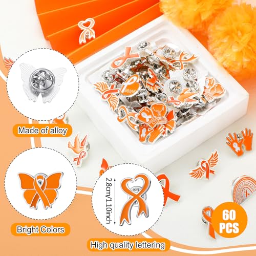 60 Pcs Orange Cancer Awareness Pin Bulk Leukemia Awareness Product Kidney Cancer Lapel Pins Gun Violence Multiple Sclerosis Lymphoma Orange Ribbon Items for Charity Public Social Events3