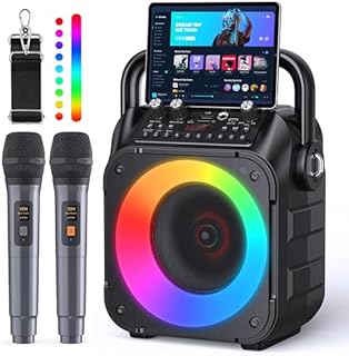Karaoke Machine, Portable Bluetooth Speaker with 2 Wireless Microphones for Adults & Kids with Lights, Karaoke Microphone with PA System Supports USB/TF/REC/FM/AUX for Home Party Home System Packages