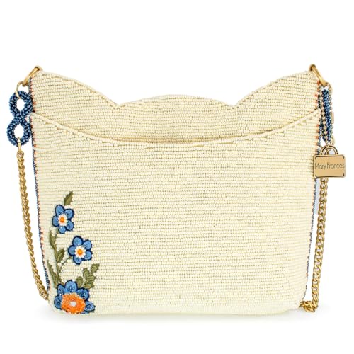 Mary Frances Shaggy Chic Beaded Crossbody Handbag with Playful Dog and Butterfly Motif Pet Lover Evening Clutch Bag, Ivory2