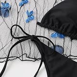 HFYRBDKSPI Trzyczęściowy Damski Kostium Kąpielowy z Seksownym TrójkąTnym Dekoltem Typu Halter I Siateczką w Motyle,Black,S