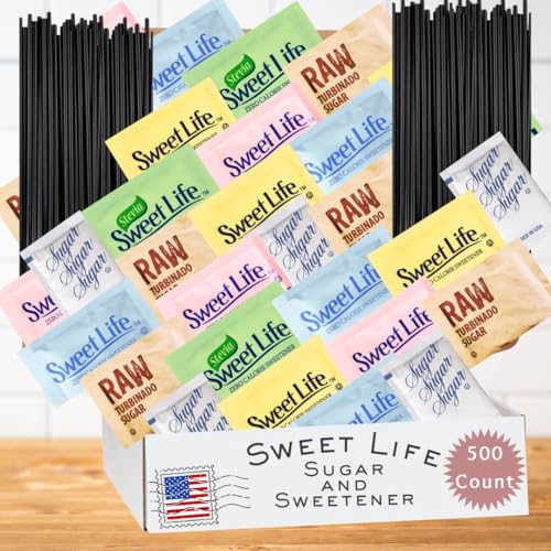 Coffee Station Sweetener Variety Pack 500 Count – 6 Sweetener Types with 100 Sip & Stir Coffee Stirrers – Assorted Sugar Packets & Sugar Substitutes for Office Breakroom, Coffee Bar, Restaurant & Airbnb