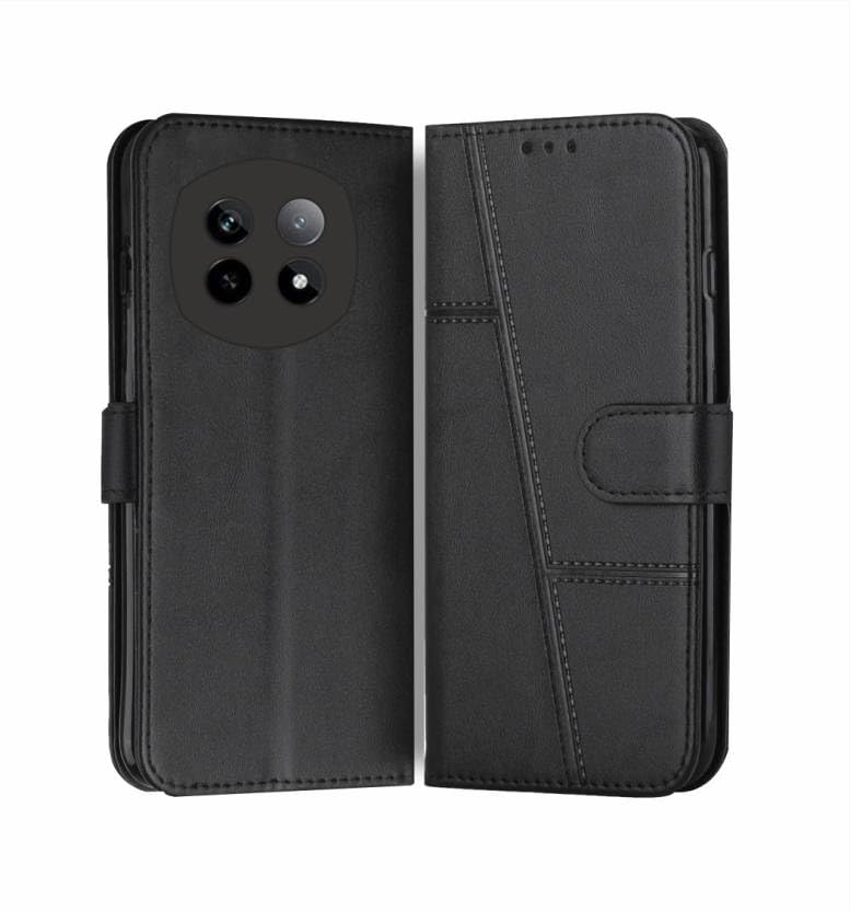 Image of Compatible for Realme P2 Pro 5G Flip Cover Leather Finish | Inside TPU with Card Pockets | Wallet Stand | Complete Protection Flip Case Black