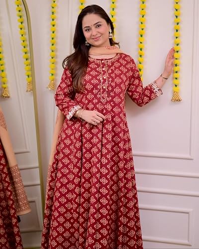 Image of KLOSIA Women Red Printed Anarkali Kurta and Pant with Dupatta Set