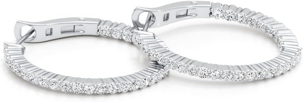 1.5-7 Carat Moissanite Oval or Round Inside Out Hoop Earrings for Women in 925 Sterling Silver with Rhodium Plating (D-E, VVS1-VVS2, cttw, DEW) Omega Back Hoops by GLAM AND GEMS