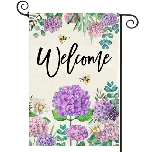 Baccessor Summer Hydrangea Garden Flag Double Sided 12x18 Inch, Purple Flower Floral Welcome Small Yard Flag Burlap Seasonal Farmhouse Yard Outdoor Decoration