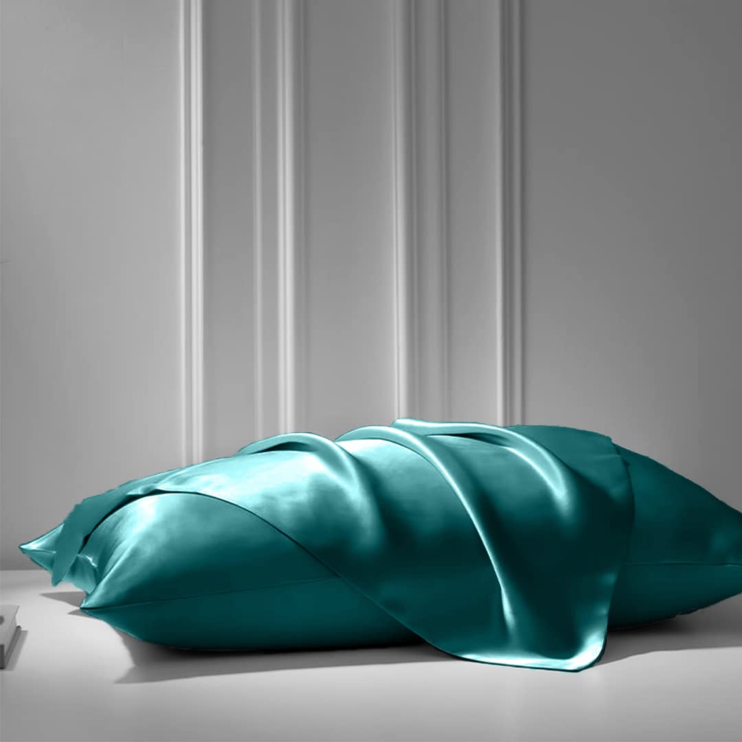 Juego de sábanas de satén de seda de lujo de 4 piezas, sábanas bajeras y encimeras, fundas de almohada, calidad de hotel, color verde azulado suave y sedoso, tamaño Queen