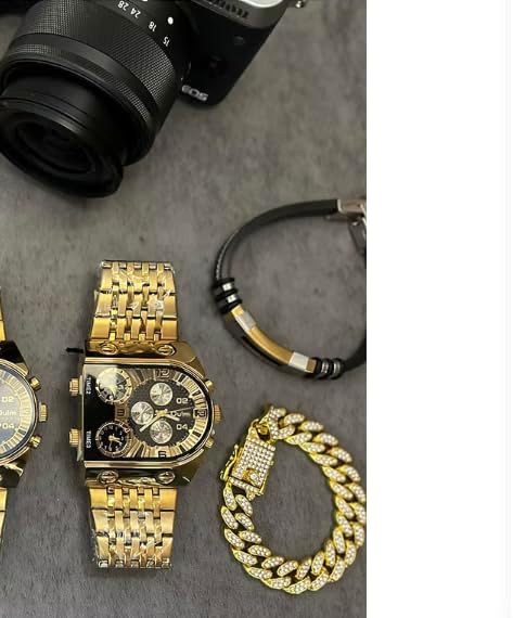 Miniatura 7 de Reloj de oro grande de lujo para hombre con pulseras de cuero, reloj cronógrafo de cara grande, eslabones cubanos y caja de regalo de pulsera de