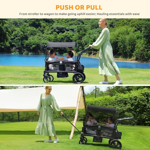 Image of ELEMARA Stroller Wagon, 2 Seat Stroller for 2 Kids, Premium All Terrain Stroller for Kids w /Removable Canopy, Adjustable Push /Pull Handle, Large Storage Bag, Black