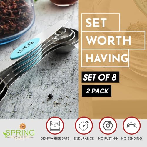 Image of Spring Chef Stainless Steel 8 Magnetic Measuring Spoons, 2 Pack, Aqua Sky