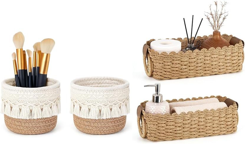 Mkono Macrame Storage Basket and Small Woven Paper Rope Basket for Organizing, Home Decor for Bathroom, Bedroom, Living Room, Office, Set of 4
