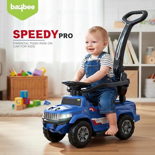 Image of Baybee Speedy Pro Baby Ride on Car for Kids with Parental Handle | Portable Kids Car with LED Lights, Music, Backrest & Basket | Toy Rideons Jeep | Toddler Push Baby Cars for 1 to 3 Years (Blue)