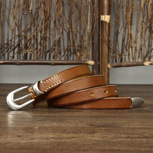 Womens Skinny Waist Belt with Solid Silver Buckle Adjustable 1.8cm Wide Ladies Leather Thin Strap for Jeans Dress(95cm/37, Brown)2