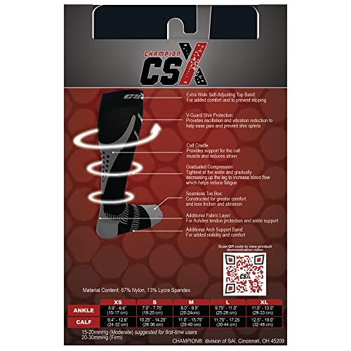 Image of CSX 20-30 mmHg Compression Socks for Men and Women, Knee High, Recovery Support, Athletic Sport Fit, Silver on Black, Medium