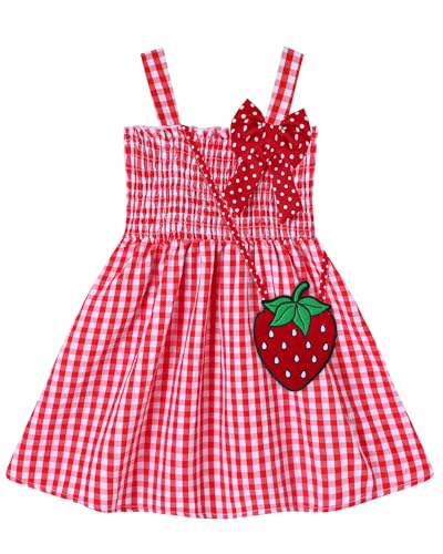 YALLET 3T 4T Baby Dress Sleeveless Elastic Smocked Toddler Girl Dresses Sweet Print Toddler Summer Dress with Cute Bag for Valentines Day Easter Birthday Casual Beach Party Wedding Play(Red 3-4T)