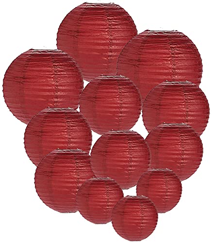 Worldoor Decorative Round Chinese Paper Lanterns 12pcs Assorted Sizes (Color: Burgundy)