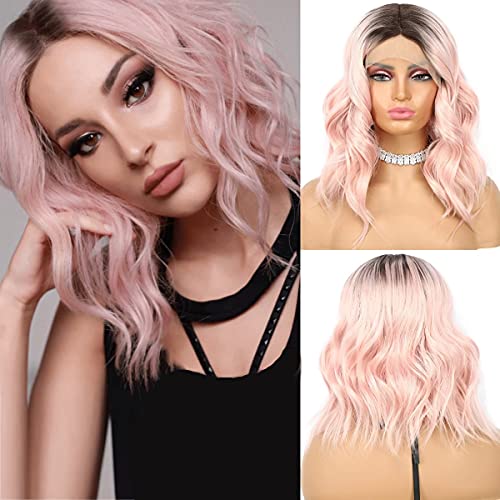 Wigoddess Short Pink Color Lace Front Wig, Water Wave Party Daily Makeup Cosplay Heat Resistant Hair 14 inch Wavy Curly Hair T Part Synthetic Lace Front Wig For Women