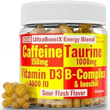 SHIZAM Taurine 1000mg Caffeine 150mg Energy Gummies w D-3 B-12 B Complex Inositol, Gel Gels Vitamins Vitamin Drinks Capsules Drink Shot Chews Pills Powder Alt, Running Runners Supplement Supplements
