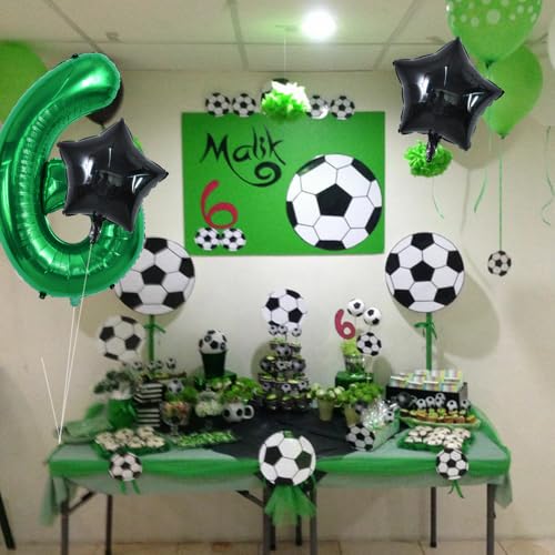Image of TONIFUL 32 Inch Soccer Balloons Set 6st Birthday Decoration Green Number 6 Foil Soccer Balloon Black Star Balloons for Children's Boys Birthday Party Football Themed Party Supplies