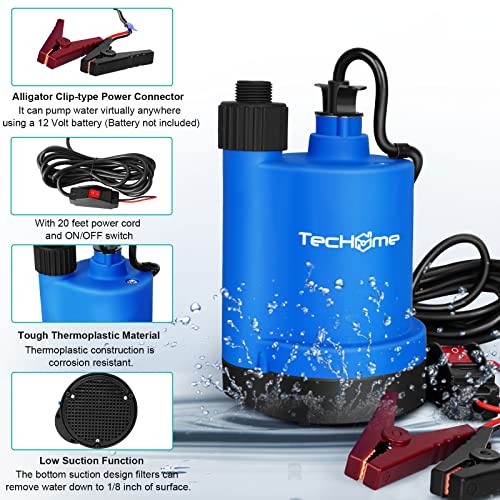 Image of TecHome 12v Pump，1500GPH Water Transfer Pump Sump Pump Submersible Water Pump, With 20 Feet Power Cord.