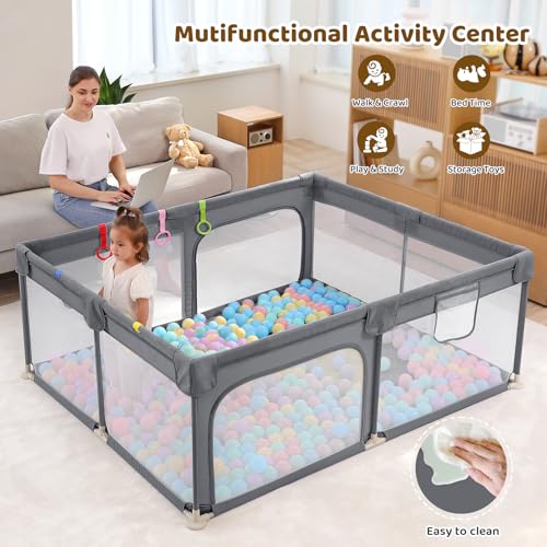 Image of Dripex Baby Playpen, 71 inchx59 inch Large Play Pen for Babies, Light Grey | Included Portable Bag / Pull up Rings, Breathable Visible Mesh, Anti-Fall Design, Easy Setup, Indoor /Outdoor Use