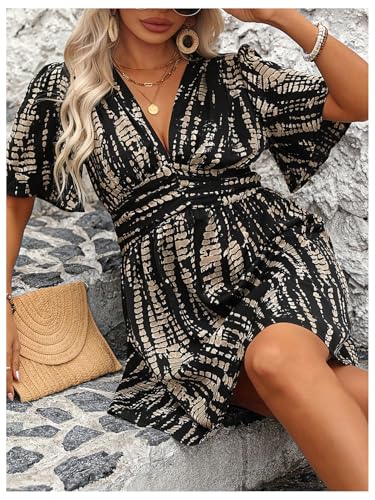 Floerns Women's Plus Size Printed V Neck Short Sleeve Ruffle Hem Summer Short Dresses4