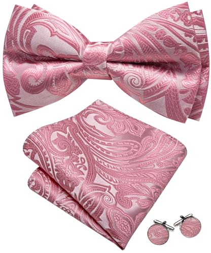 Image of Barry.Wang Paisley Striped Bow Tie for Men Silk Pre-Tied Bowtie Pocket Square Cufflinks Set Formal Wedding Party Prom