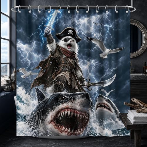 Image of Funny Cat Riding Shark Shower Curtain, Extra Long 70x78 in, Kids