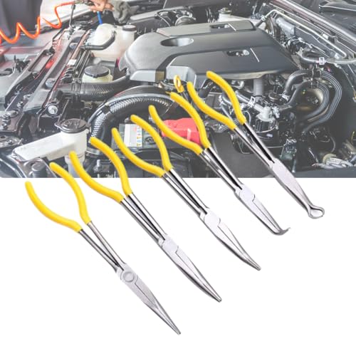 11 Inch Long Nose Pliers Set, Runiash 5 Pack Long Reach Needle Pliers Straight, 25 Degrees, 45 Degrees, 90 Degrees Bent Nose Pliers, Circle Pliers for Narrow Areas Mechanics Work Repair