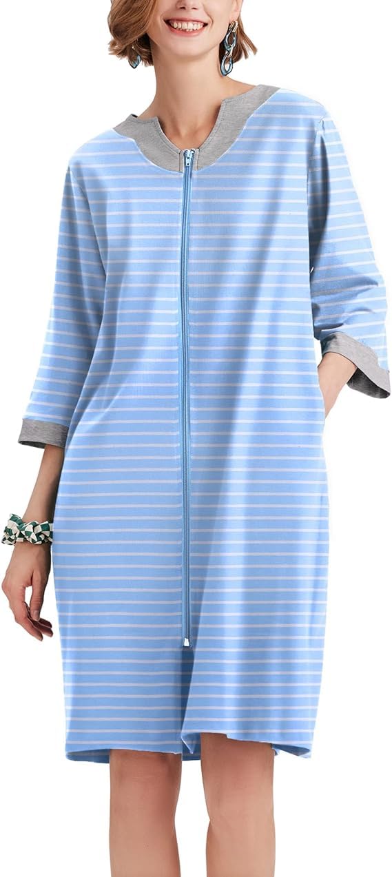 Ekouaer Women Zipper Robe 3 4 Sleeve Nightgowns Lightweight Short Bathrobe with Pockets S-3XL