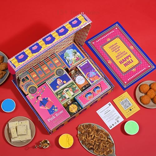 Image of Indian Karigar Narsingh Collection 2026 | 15 Inclusions | Holi Gulal for Holi Colour 160g | Thandai Powder + Eye Glasses + Truck Theme Tshirt & More | Organic Skin Safe Holi Colors With Certificate & Greeting Card | Holi Gift Hampers (Narsingh Collection Holi Gift Hamper)