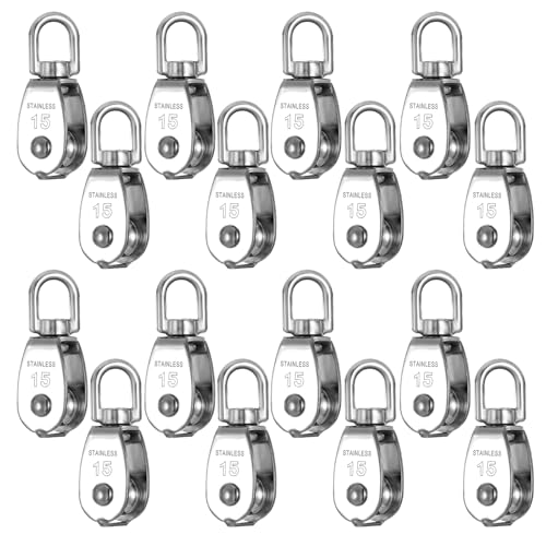 16 Pack M15 Small Rope Pulleys 304 Stainless Steel Wire Rope Cable Pulley Wheel Heavy Duty Clothes Line Swivel Pulley Hanging Wire Towing Wheel for Lifting