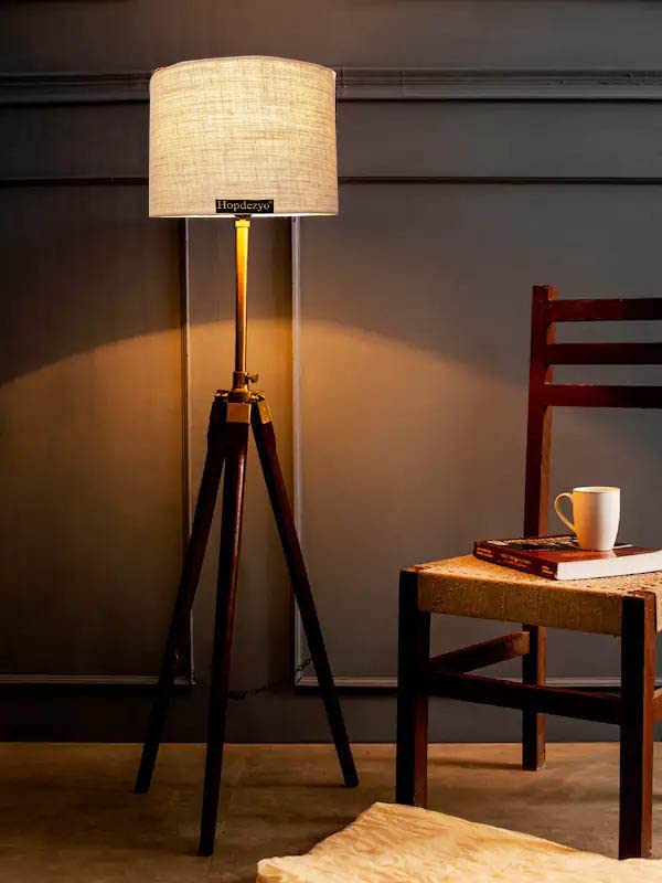 Hopdezyo Antique Nautical Wooden High Pressure Sodium Vapor Tripod Adjustable Floor Lamp For Living Room, Home Decoration, Pack Of Lamp In Khadi Shade