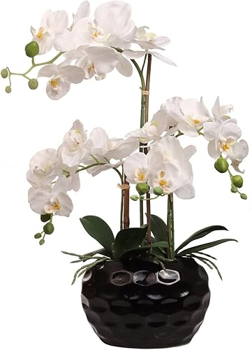 Arreglo floral de orquídea blanca en jarrón de 20 pulgadas, 20 cabezas de flores de orquídea de seda detalladas, jarrón decorativo de cerámica
