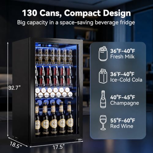 Image of Manastin Beverage Refrigerator Cooler-130 Cans Freestanding Mini Fridge Cooler with Glass Door, Adjustable Shelves & Digital Temperature Display for Soda, Wine or Beer (Black, 3.2 Cu.Ft)