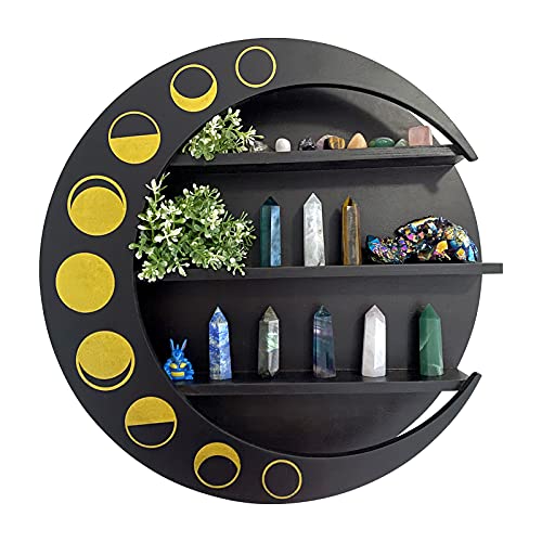 Ella & Emma Crescent Moon Shelf - Wall Hanging Decor, Wooden Crescent Moon Shelf DÃ©cor, Crystal Shelf Display - Display Decor for Essential Oil, Stones, & Crystals, Unique Home Decor (Dark Brown)