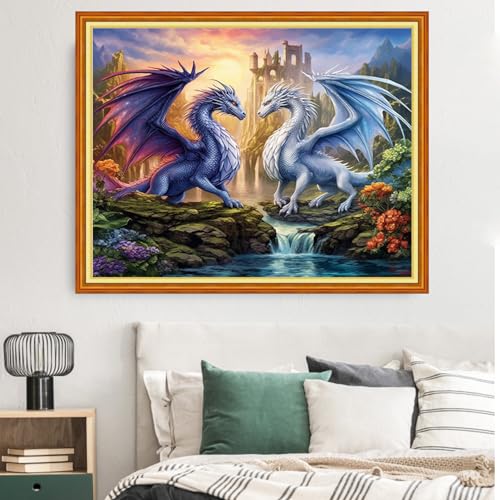 Image of Dimxvean Cross Stitch Kits for Adults - Embroidery Kits with Full Range of Stamped Patterns - Dragon Castle 16x20 inch