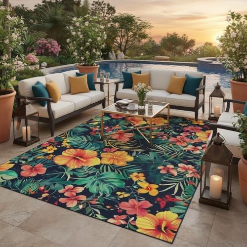 Tropical Floral Outdoor Rug Waterproof Orange Pink Green Boho Rugs 5x7 for Deck Porch Patio Balcony Backyard Washable Outside Area Rugs Thin Non Slip Mats Camping Poolside Garden Vibrant Modern Carpet - Image 4