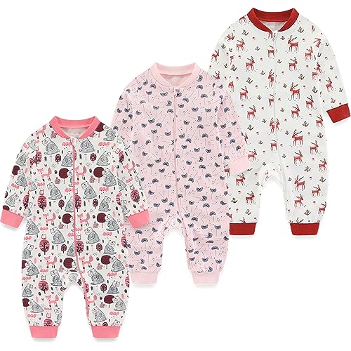 Image of MAMIMAKA Newborn Baby 2-way Zipper Romper Cotton One-piece Jumsuit 3-pack, 0-24 Months