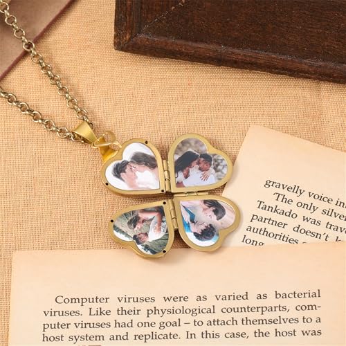 Nobelook Personalized Love Heart Locket Necklace That Holds 4 Photos Customizable Pendant Charms For Women Gold Plated Vintage Necklace for Mother Girls Christmas Birthday Gift Chain Length 31.49" Adjustable4