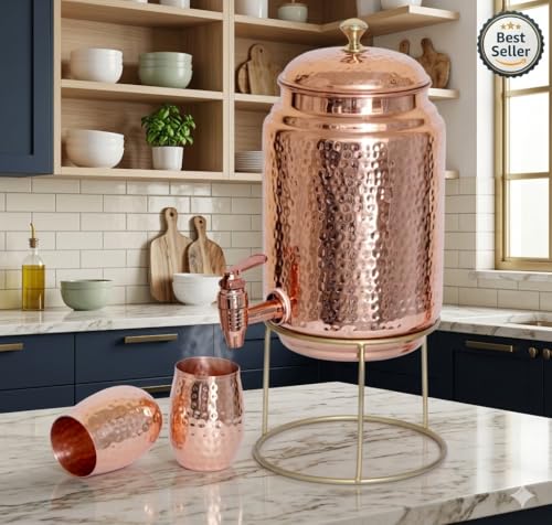 Image of 5 Litre Pure Copper Water Dispenser with 2 Loki Glasses & Stand | Hammered Ayurvedic Matka Pot for Healthy Drinking Water (Jointless, 5000ml + 600ml)
